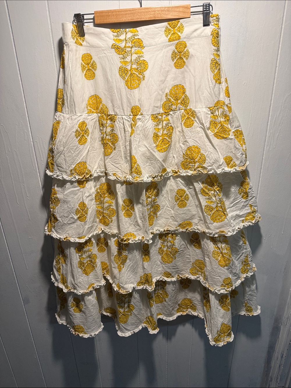 Tiered Maxi Skirt in White with Yellow Floral Print